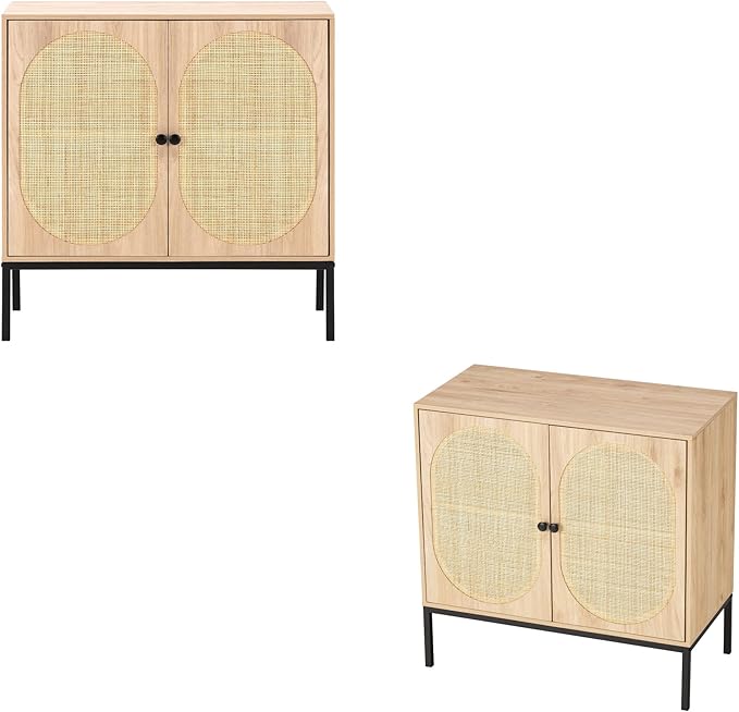 INLIFE Juego de 2 mesas consolas Rolland A, mesas auxiliares con 2 puertas de ratán, 197