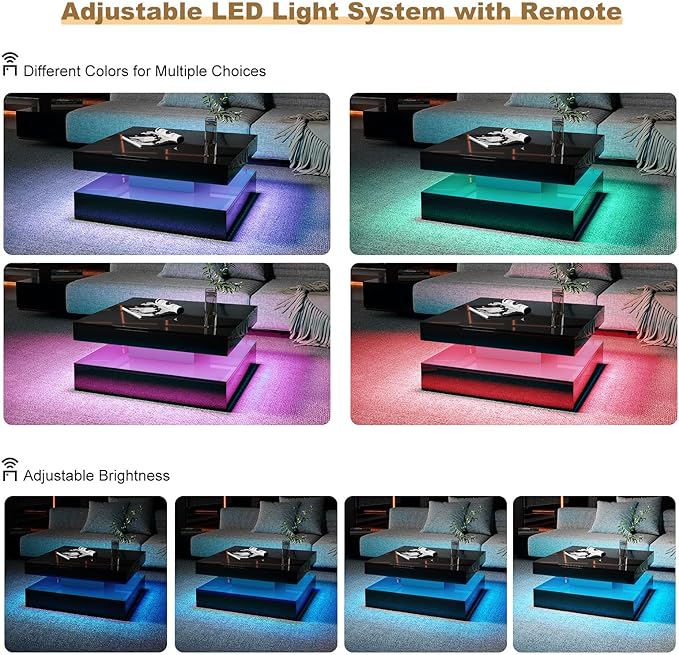 Black LED Coffee Table for Living Room, Living Room Table 2-Tier Square Center Table, Modern High Glossy Contemporary Wood Coffee Tables with Storage, Tea Table for Dining Reception Room