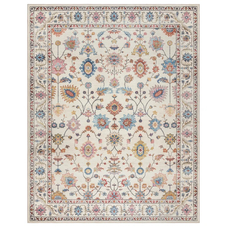 Samira Cullen Ivory Cream Pink Multi Transitional Floral Border Washable Flat Pile Indoor Area 7ft 10in x 10ft Rug
