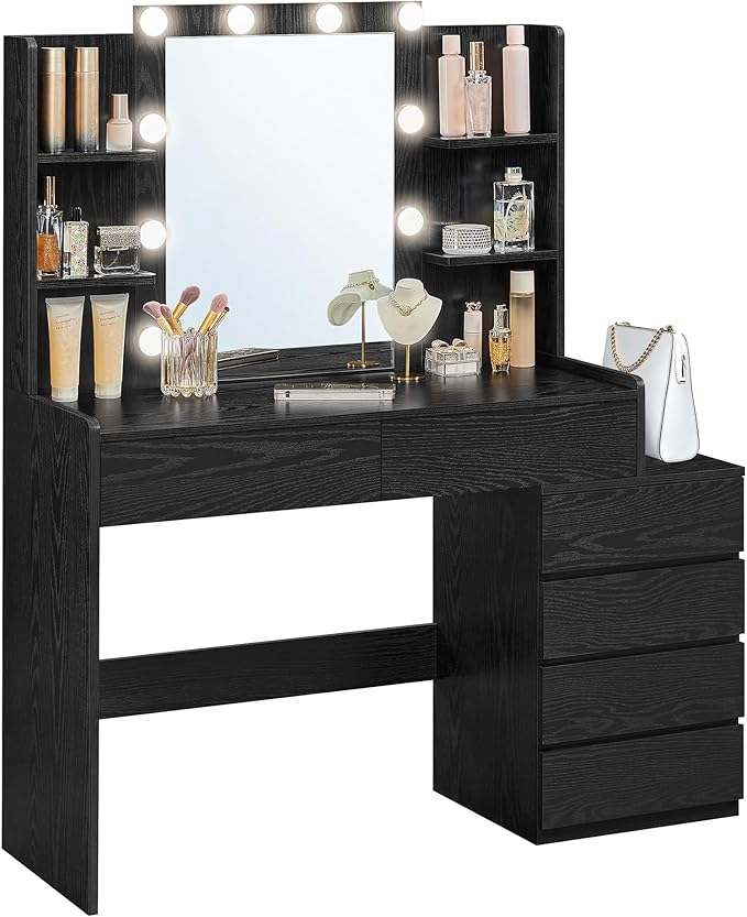 VASAGLE Vanity Desk with Mirror and LED Lights, Makeup Vanity with 6 Drawers, Vanity Table with 4 Open Shelves, 10 Dimmable LED Lights, for Bedroom, Dressing Room, Modern, Ebony Black URDT122B01