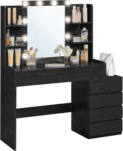 VASAGLE Vanity Desk with Mirror and LED Lights, Makeup Vanity with 6 Drawers, Vanity Table with 4 Open Shelves, 10 Dimmable LED Lights, for Bedroom, Dressing Room, Modern, Ebony Black URDT122B01