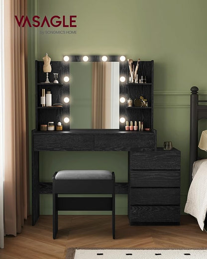 VASAGLE Vanity Desk with Mirror and LED Lights, Makeup Vanity with 6 Drawers, Vanity Table with 4 Open Shelves, 10 Dimmable LED Lights, for Bedroom, Dressing Room, Modern, Ebony Black URDT122B01