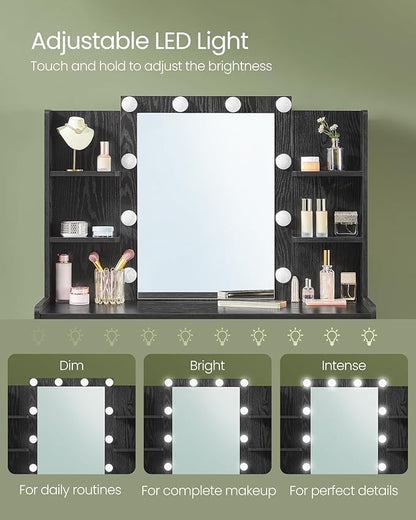 VASAGLE Vanity Desk with Mirror and LED Lights, Makeup Vanity with 6 Drawers, Vanity Table with 4 Open Shelves, 10 Dimmable LED Lights, for Bedroom, Dressing Room, Modern, Ebony Black URDT122B01