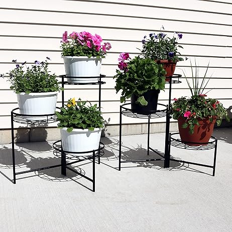 Sunnydaze 22" 3-Tiered Metal Plant Stand for Indoor or Outdoor Flowerpot Holder - Set of 2 - Black