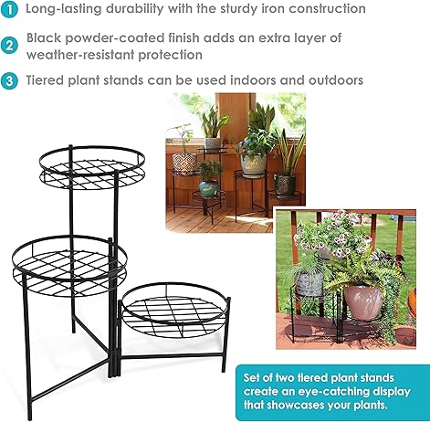 Sunnydaze 22" 3-Tiered Metal Plant Stand for Indoor or Outdoor Flowerpot Holder - Set of 2 - Black