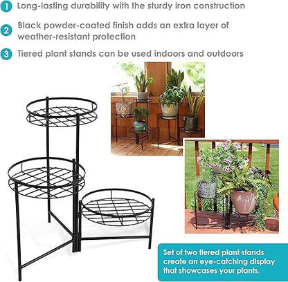Sunnydaze 22" 3-Tiered Metal Plant Stand for Indoor or Outdoor Flowerpot Holder - Set of 2 - Black