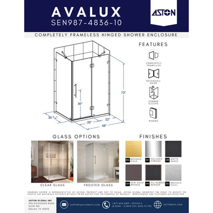 Mampara de ducha rectangular sin marco Avalux de 48" de profundidad x 72" de alto 
