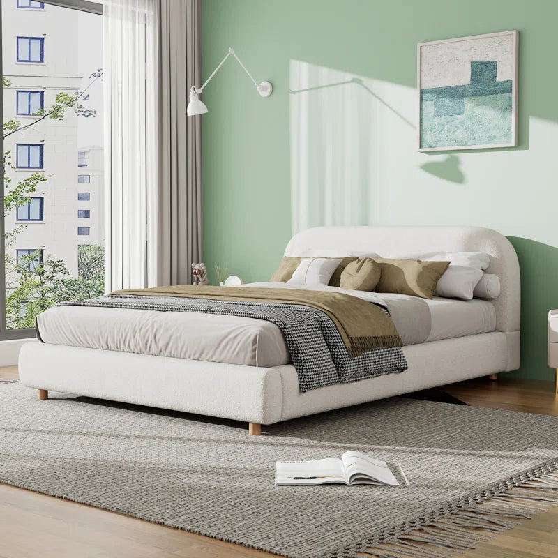 Cama Queen con plataforma tapizada y listones de madera