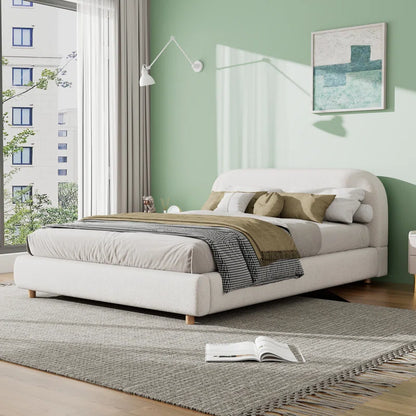 Cama Queen con plataforma tapizada y listones de madera