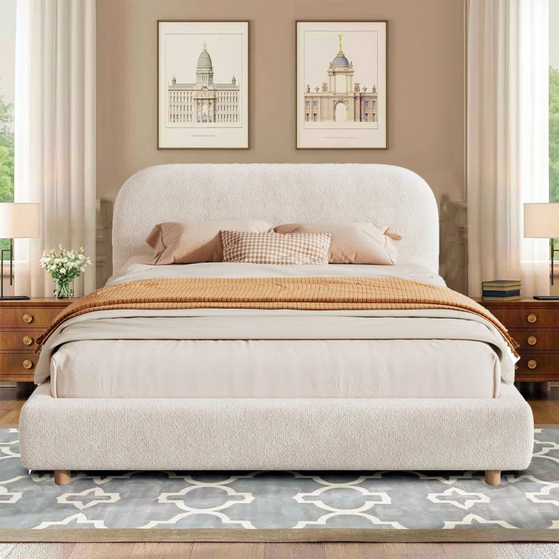 Cama Queen con plataforma tapizada y listones de madera