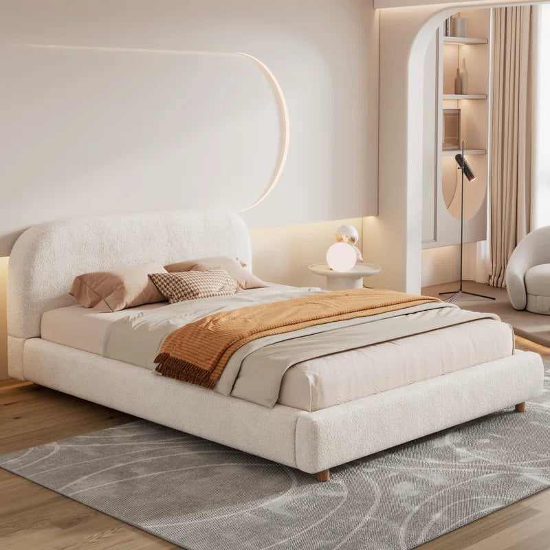 Cama Queen con plataforma tapizada y listones de madera