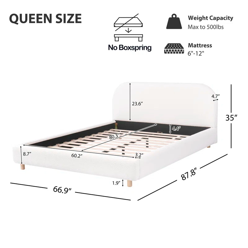 Cama Queen con plataforma tapizada y listones de madera