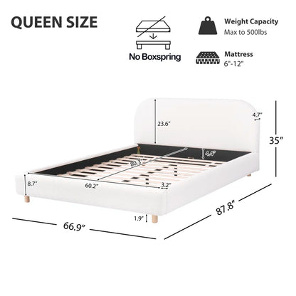 Cama Queen con plataforma tapizada y listones de madera