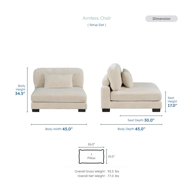Brinsley 45“W Modern Modular Sectional Unit - Armless Chair