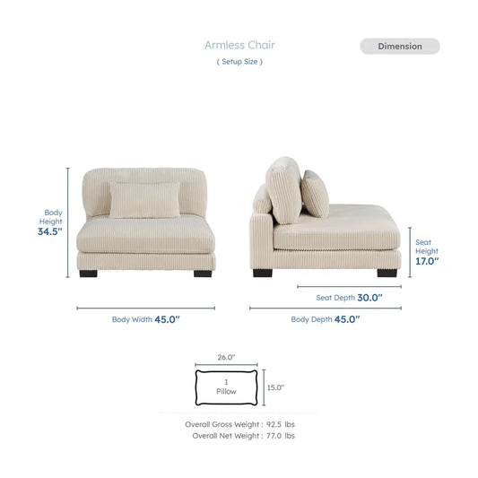 Brinsley 45“W Modern Modular Sectional Unit - Armless Chair