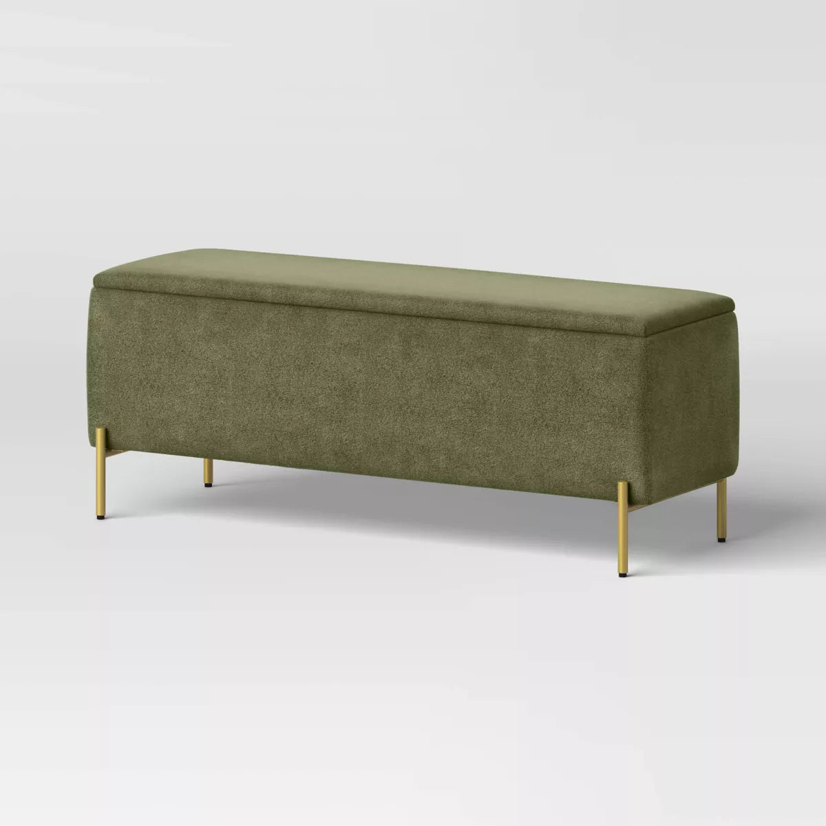 Banco de almacenamiento tapizado Ivy con patas de latón en verde salvia (KD) - Threshold: muebles de dormitorio, tapa con bisagras