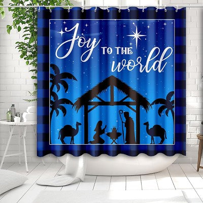 Christmas Shower Curtain for Bathroom, Fabric Nativity Scene Xmas Shower Bathtub Window Curtains Sets with 12 Hooks Waterproof Bathroom Decoration Supplies 72X72In