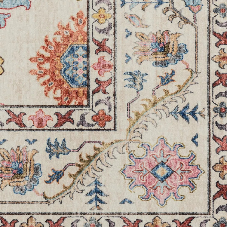 Samira Cullen Ivory Cream Pink Multi Transitional Floral Border Washable Flat Pile Indoor Area 7ft 10in x 10ft Rug