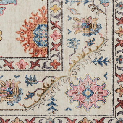 Samira Cullen Ivory Cream Pink Multi Transitional Floral Border Washable Flat Pile Indoor Area 7ft 10in x 10ft Rug