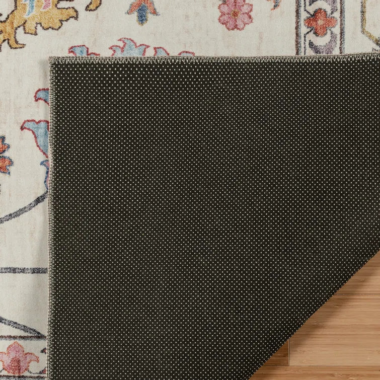 Samira Cullen Ivory Cream Pink Multi Transitional Floral Border Washable Flat Pile Indoor Area 7ft 10in x 10ft Rug