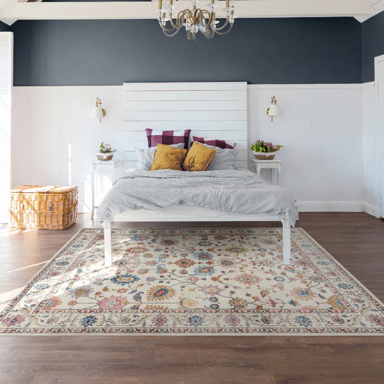 Samira Cullen Ivory Cream Pink Multi Transitional Floral Border Washable Flat Pile Indoor Area 7ft 10in x 10ft Rug