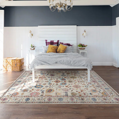 Samira Cullen Ivory Cream Pink Multi Transitional Floral Border Washable Flat Pile Indoor Area 7ft 10in x 10ft Rug