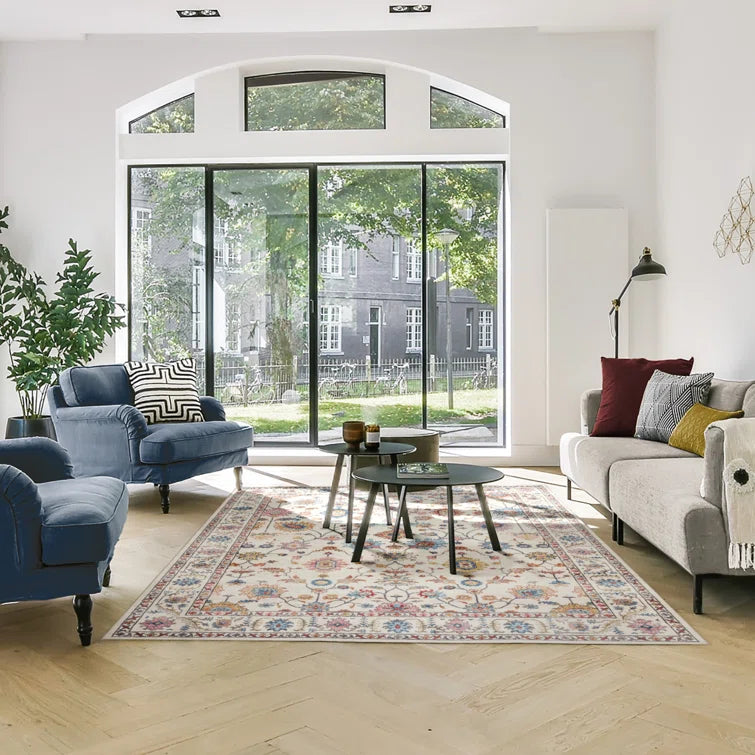 Samira Cullen Ivory Cream Pink Multi Transitional Floral Border Washable Flat Pile Indoor Area 7ft 10in x 10ft Rug